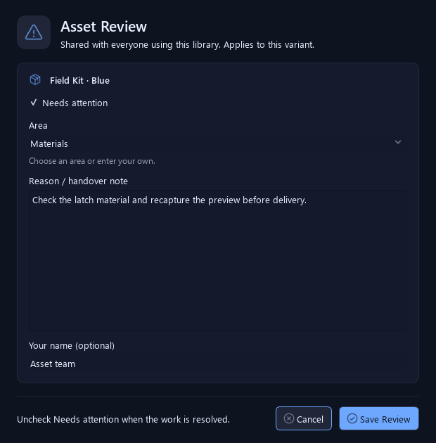 Asset Review stores a shared handover note for one variant.