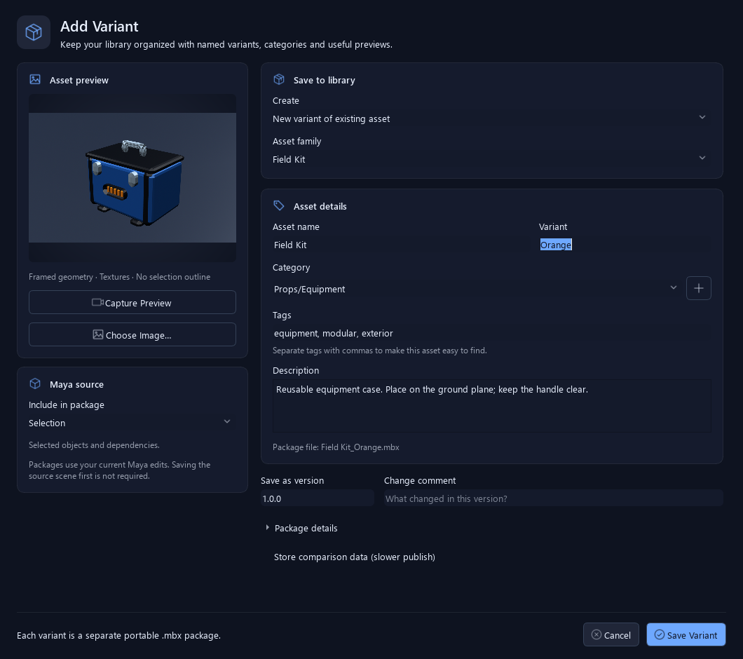 Add Variant creates a separate package within an existing family.